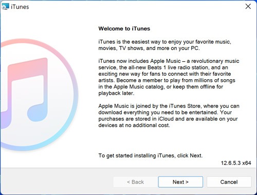 "Welcome to iTunes" installation window view.