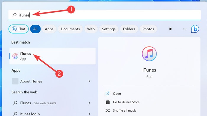 Typing "iTunes" in Windows Search.