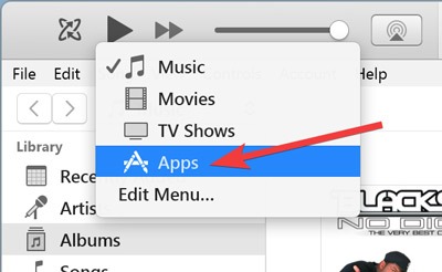 Clicking "Apps" to reveal section in iTunes app for Windows.