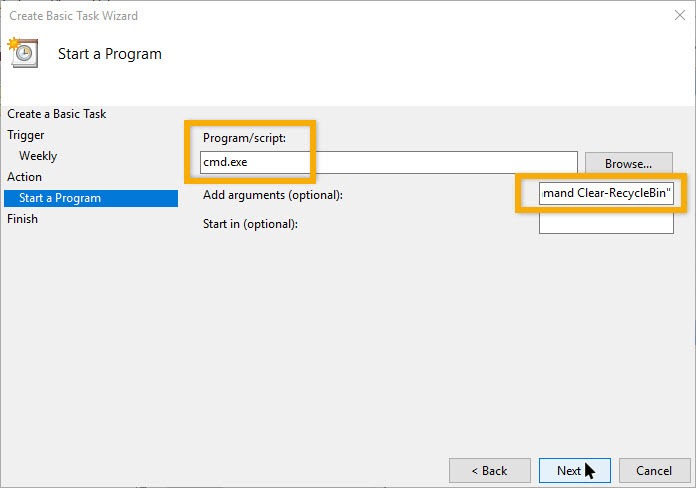Adding script in "Start a Program" window in Task Scheduler.