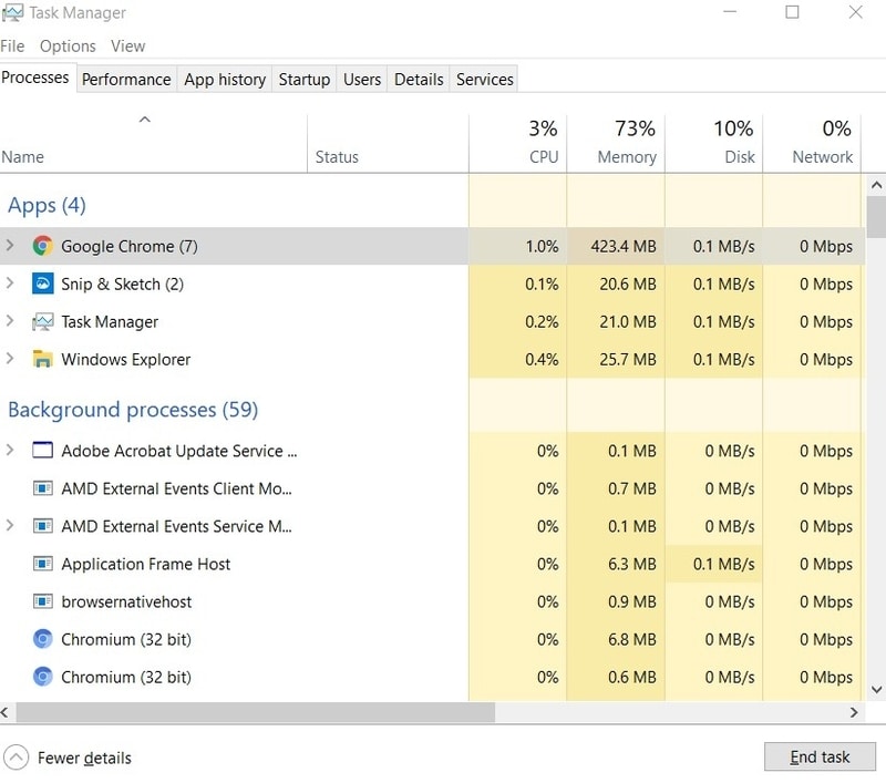 Task Manager view in "Processes" tab. 
