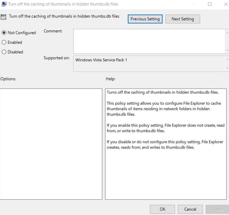 Double-clicking the "Turn off the caching of thumbnails in hidden thumbs.db files" option in Local Group Policy.