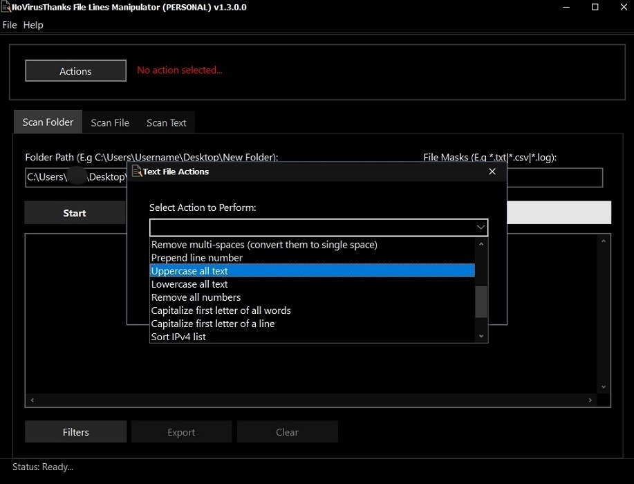 "Actions" view in File Lines Manipulator utility. 