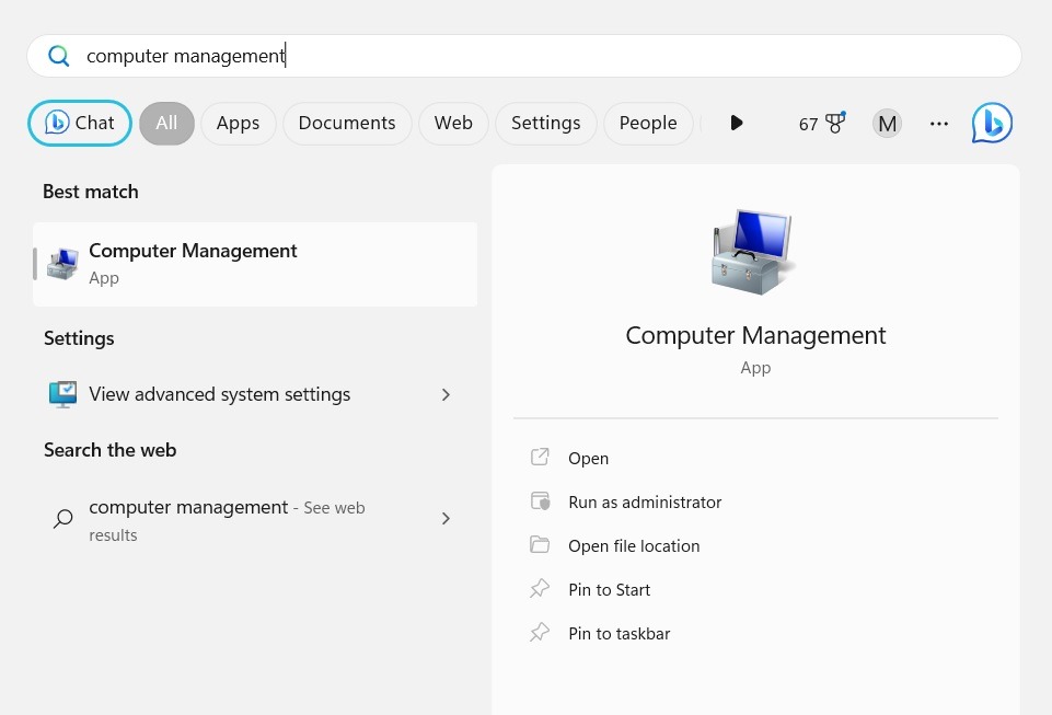 Typing "Computer Management" in Search. 