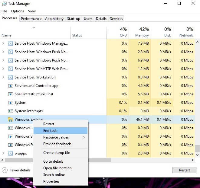 Closing Windows Explorer via Task Manager. 