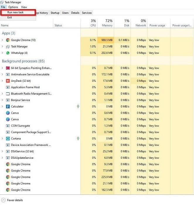 Executing "Run new task" from Task Manager File menu. 