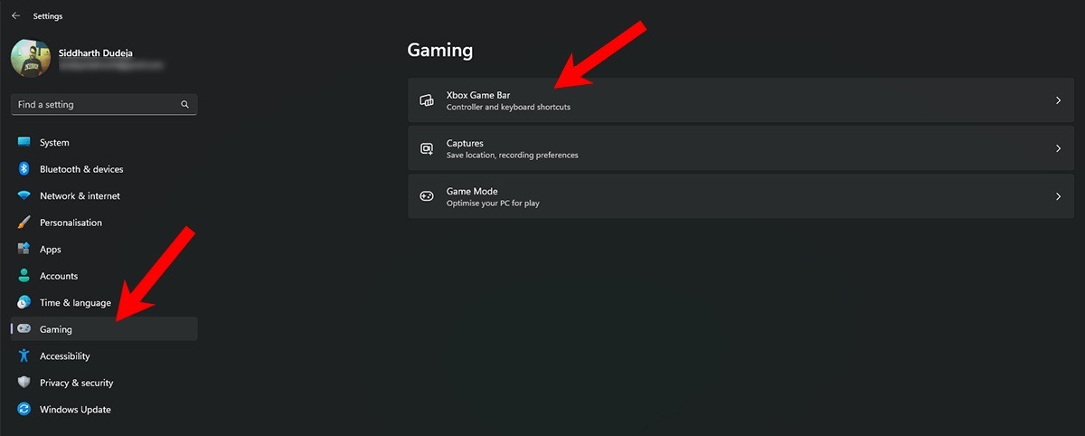 Accessing "Xbox Game Bar" option from Settings. 