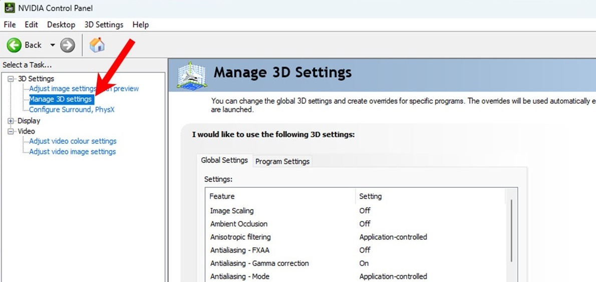 Clicking on "Manage 3D Settings" in NVIDIA Control Panel app. 
