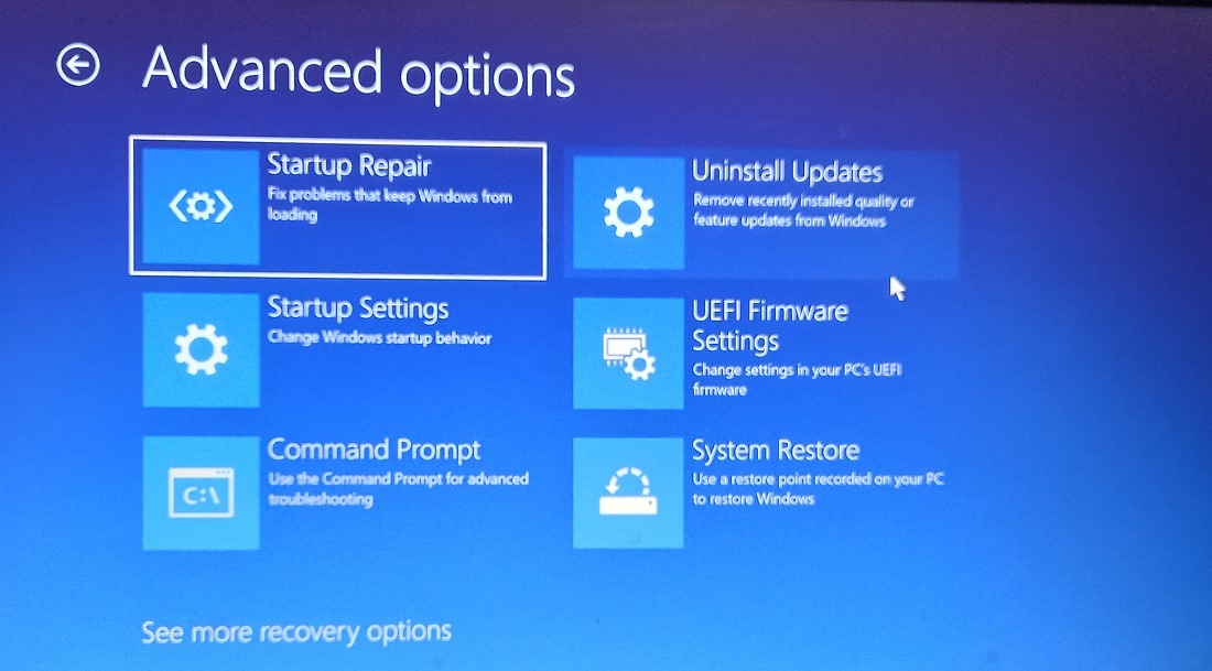 Clicking on "Startup Repair" in "Advanced options." 
