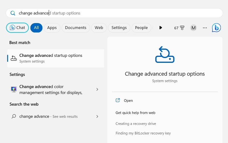Typing "change advanced startup options" in Windows Search. 