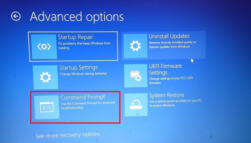 Selecting "Command Prompt" from the "Advanced options" menu. 