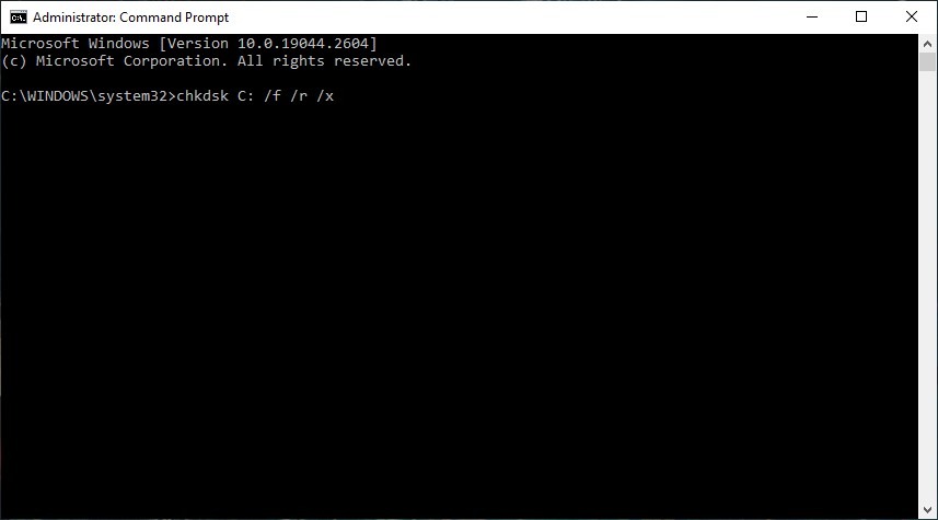 Running Chkdsk in Command Prompt.