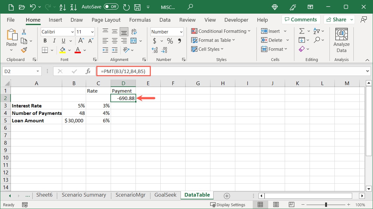 Formula for a Data Table in Excel