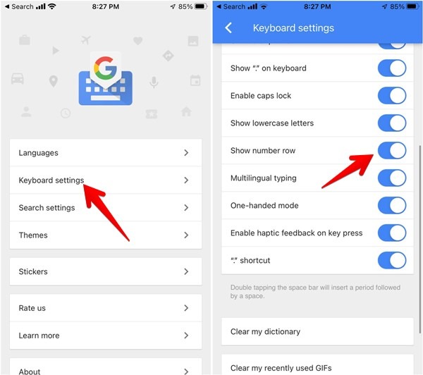 Navigating to "Keyboard settings" in the Gboard app for iOS and enabling "Show number row" option. 