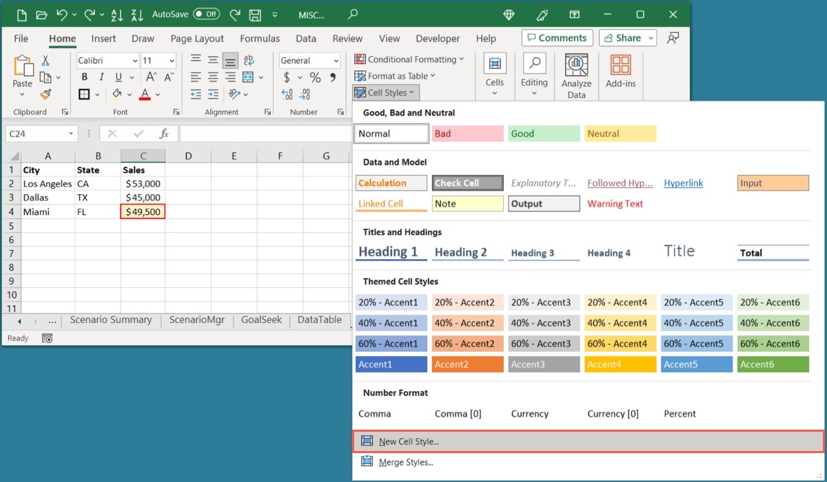 New Cell Style in the Excel Cell Styles menu