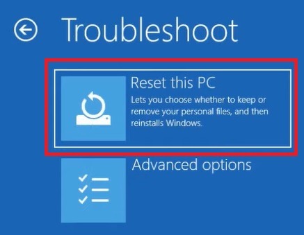 Clicking on "Reset this PC" in Troubleshoot menu.