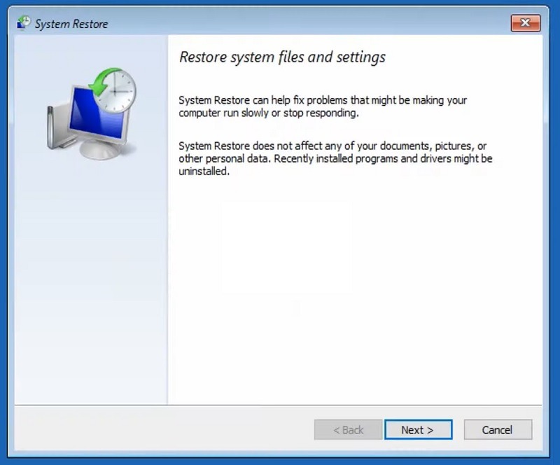 "Restore system files and settings" window in System Restore.