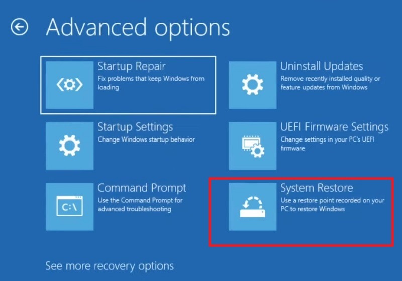Selecting "System Restore" in Recovery menu.