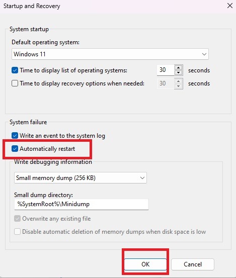 Unchecking "Automatic restart" option in "Startup and Recovery" window.