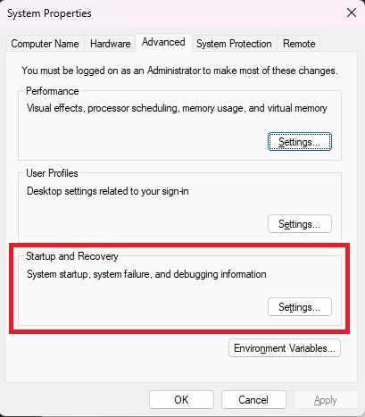 Pressing "Settings" button under "Setup and Recovery" section in System Properties window.