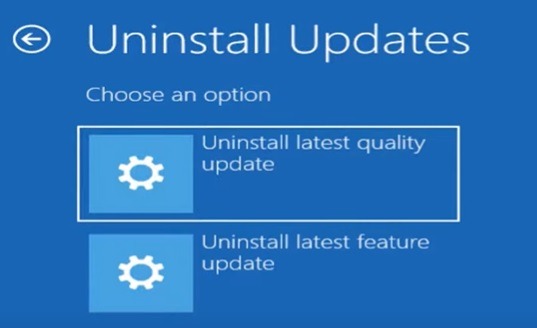 Selecting which updates to uninstall from the Recovery environment. 