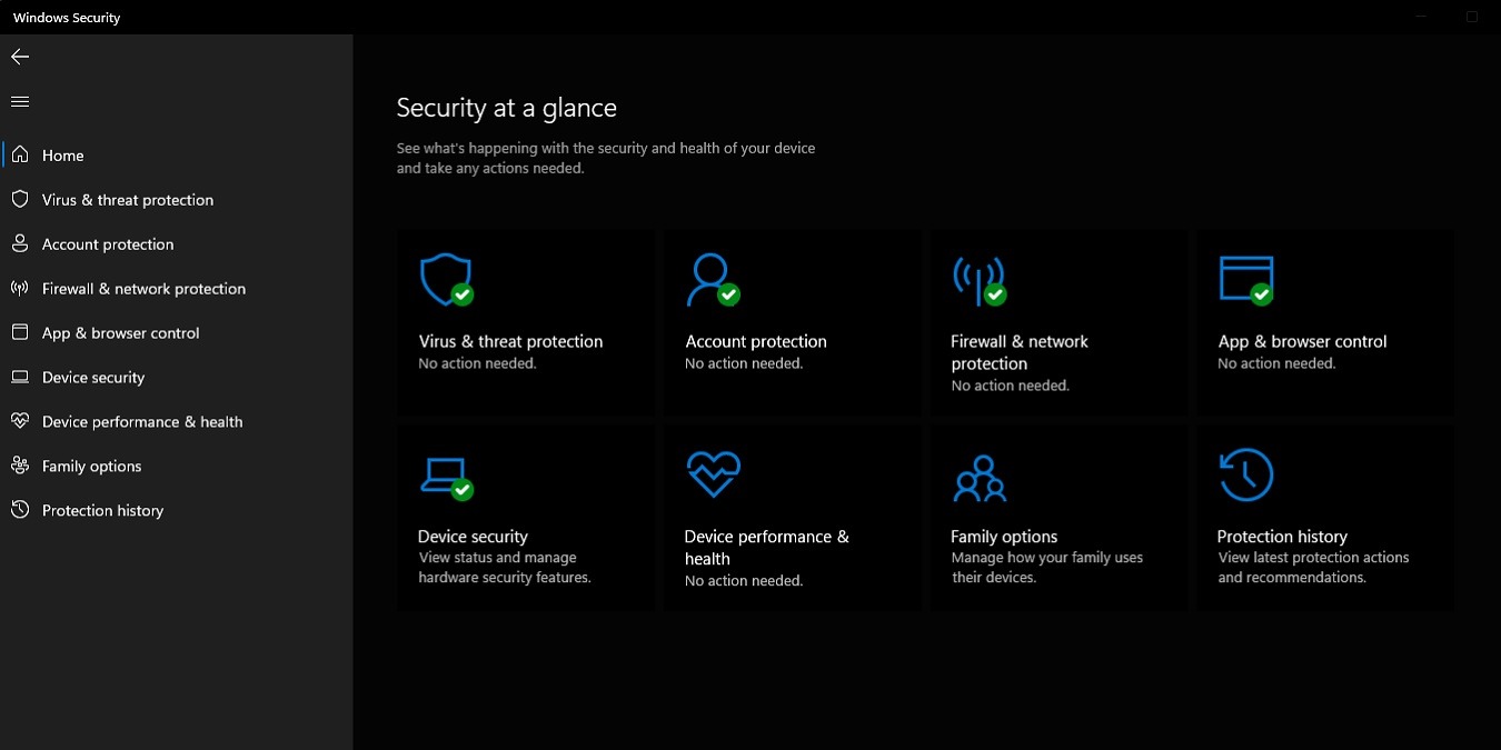 "Security at a glance" section in Windows Security. 
