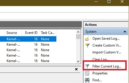 Clicking on "Filter Current Log" option under "Actions" in Event Viewer. 