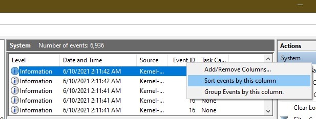Right-clicking on "Event ID" column to reveal context menu. 