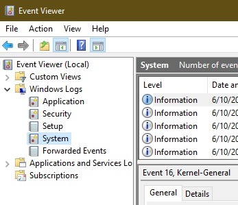 Clicking on "System" under "Windows Logs" in Event Viewer. 