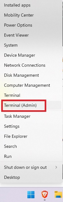 Clicking on "Terminal (Admin) option in WinX menu.