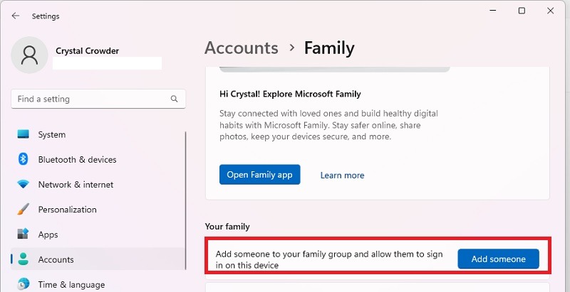 Clicking "Add someone" button next to "Add someone to your family group and allow them to sign in on this device."