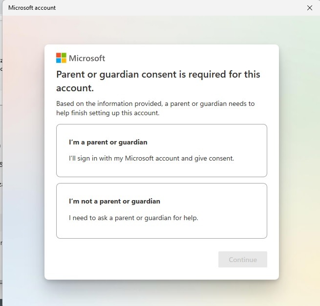 Parent and guardian consent window while setting up child account.