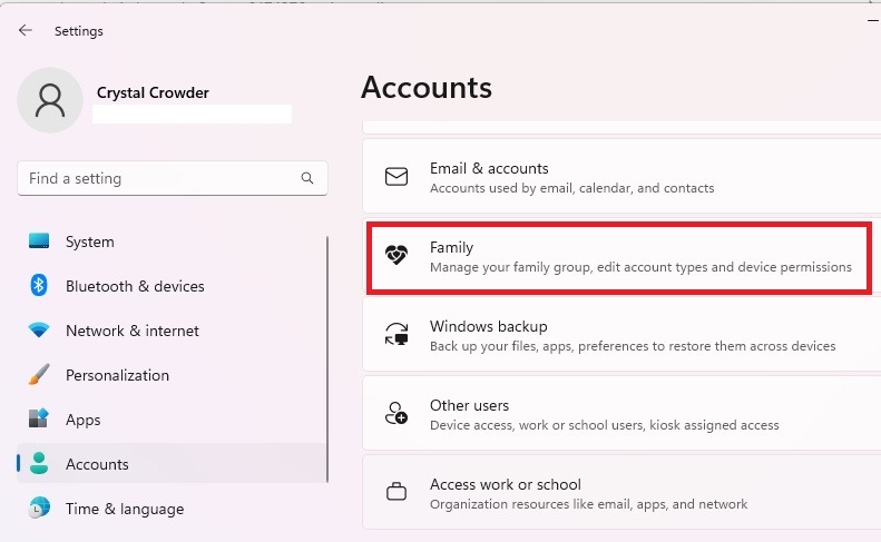 Clicking on "Family" under Accounts in Windows Settings.