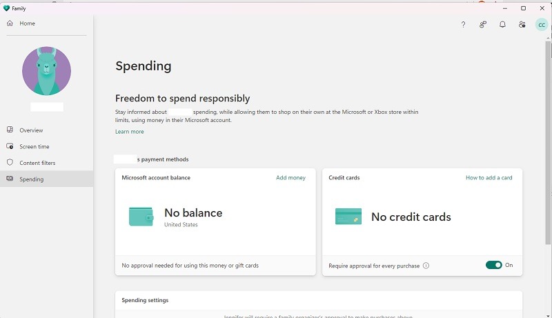 Setting spending options for child accounts in Family Safety app. 