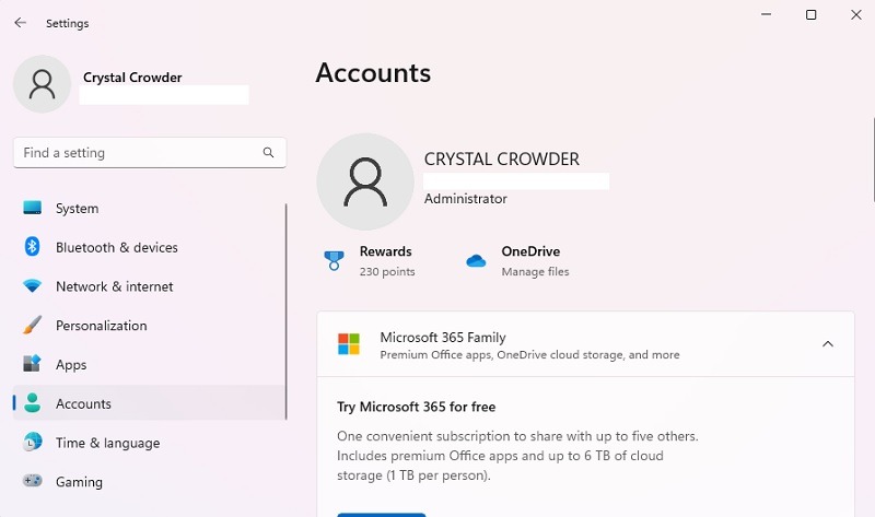 Accessing the "Accounts" section in Windows Settings.