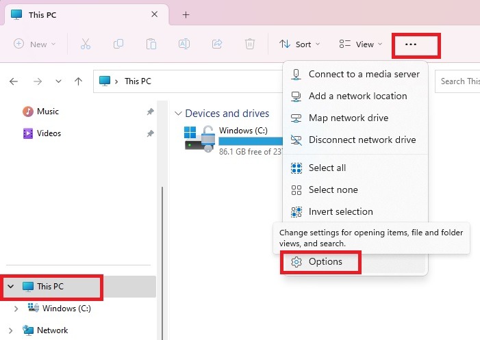 Clicking "Options" in File Explorer.