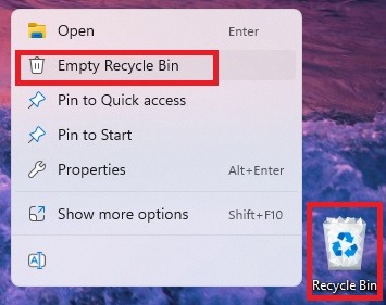 Clicking on "Empty Recycle Bin" option in Windows.