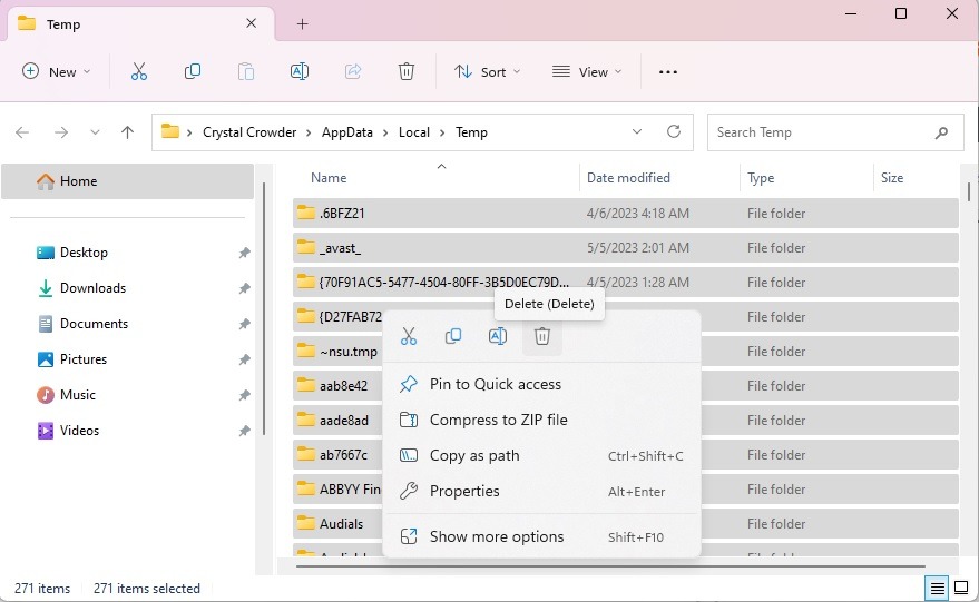 Deleting temp files in bulk via File Explorer.