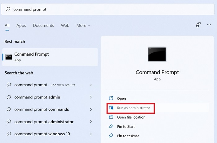 Typing "command prompt" in Windows Search.