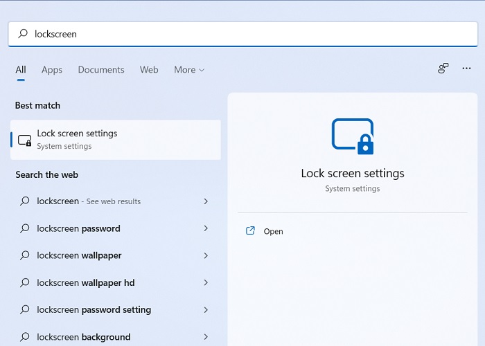 Typing "lockscreen" in Windows Search.