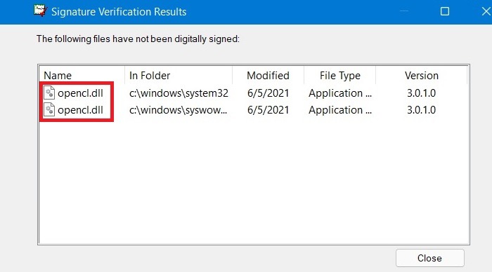 List of unsigned system files in Signature Verification Results window. 
