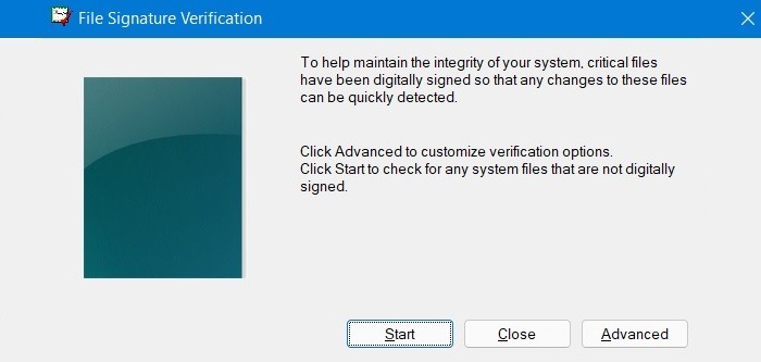 Clicking "Start" in File Signature Verification window.