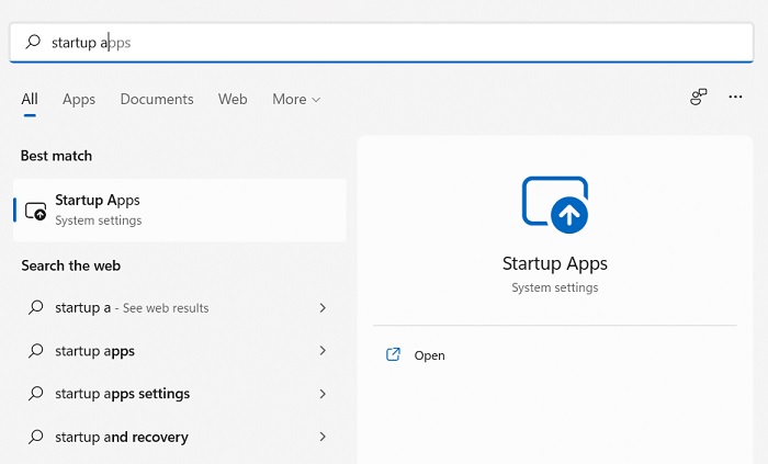 Typing "startup apps" in Windows Search.