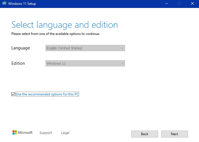 Select language for Windows installation.