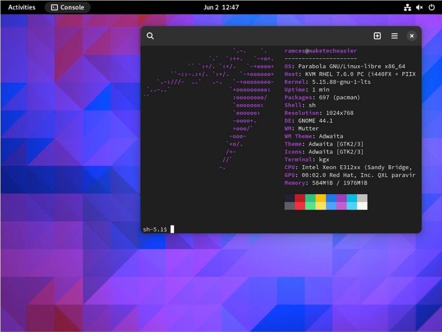 A screenshot of the GNOME desktop under Parabola.