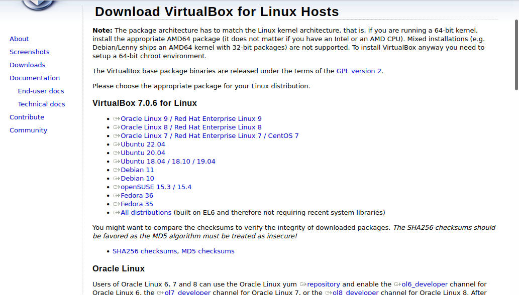 A screenshot of the VirtualBox website's download page for Linux.