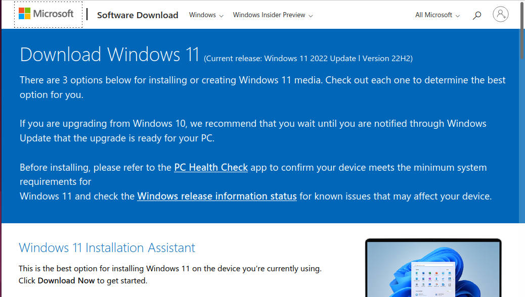 A screenshot of Microsoft's Windows download page.