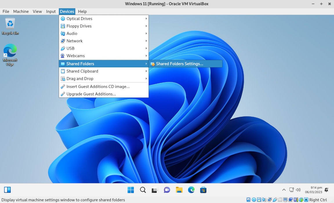 A screenshot showing the Shared Folders Settings submenu.