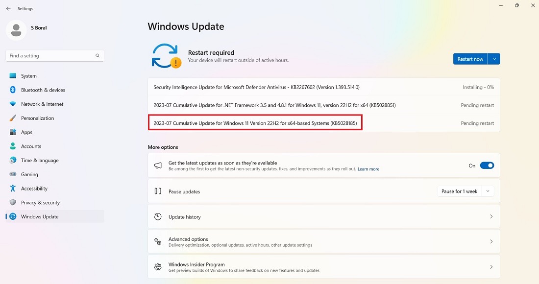 Installing KB5028185 update in Windows 11.
