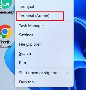 Pressing Win + X and selecting "Terminal (admin)."